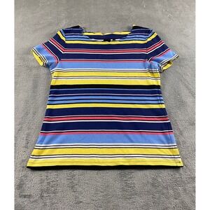 Rafaella Womens Scalloped Neck Striped Short Sleeve Top Blue Yellow Pink Size M